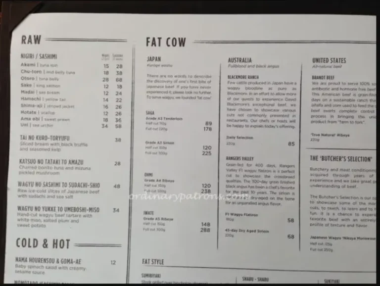 FAT COW MENU