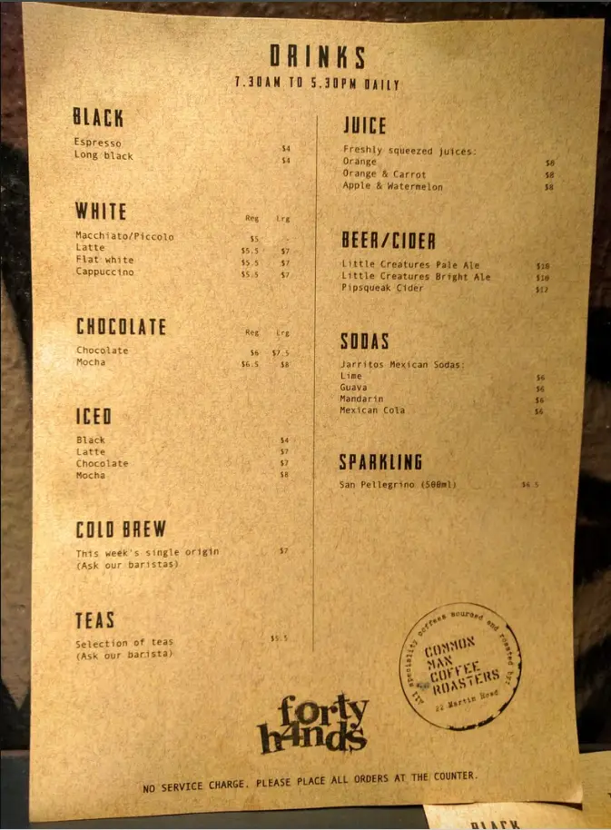 FORTY HANDS MENU