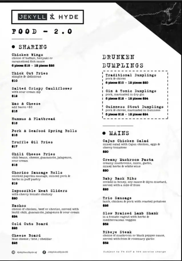 JEKYLL HYDE MENU SINGAPORE