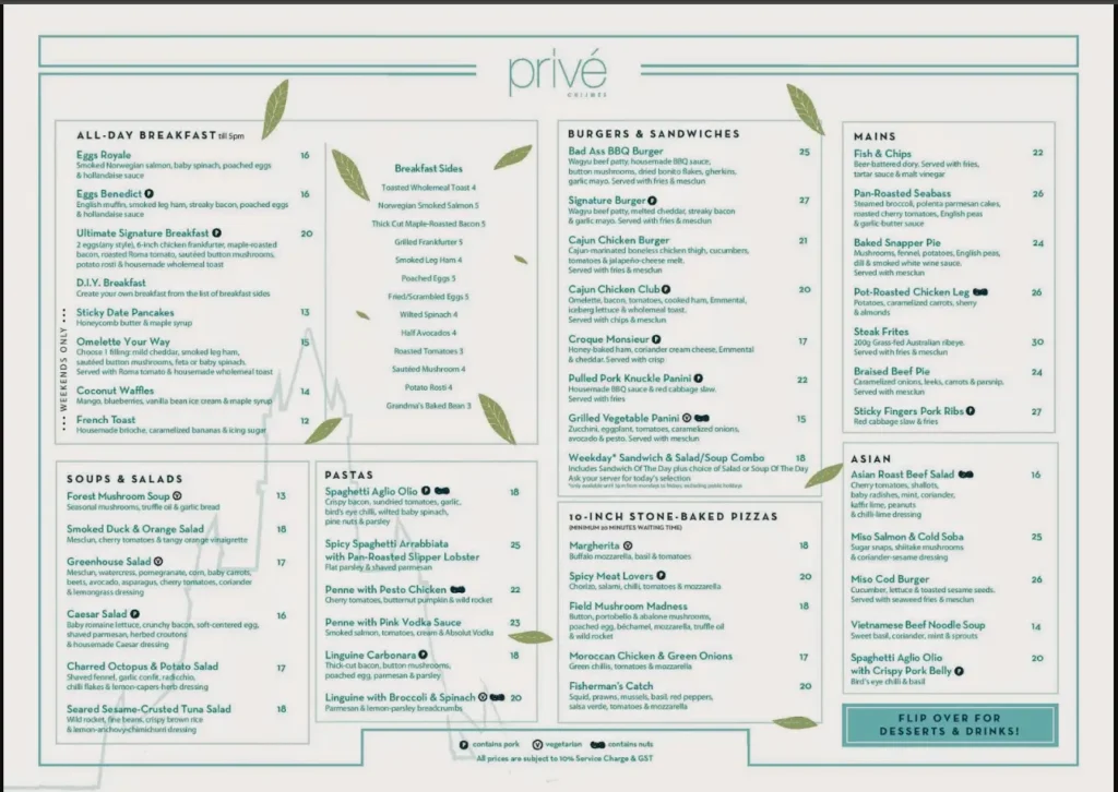 PRIVE MENU SINGAPORE