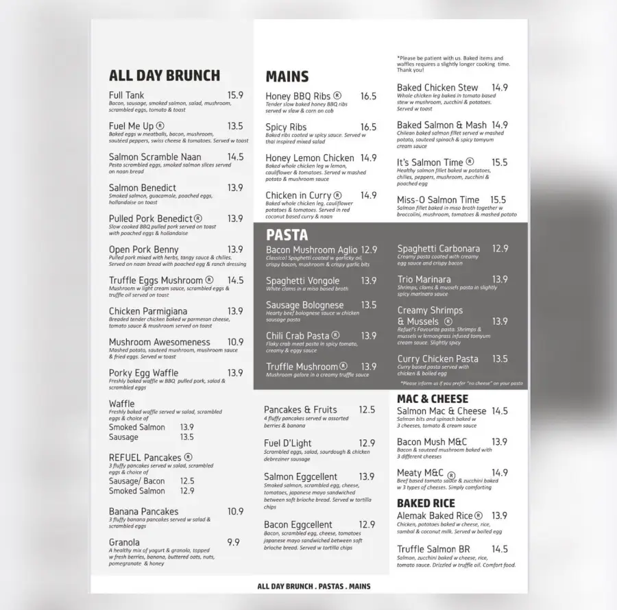 REFUEL CAFE MENU SINGAPORE